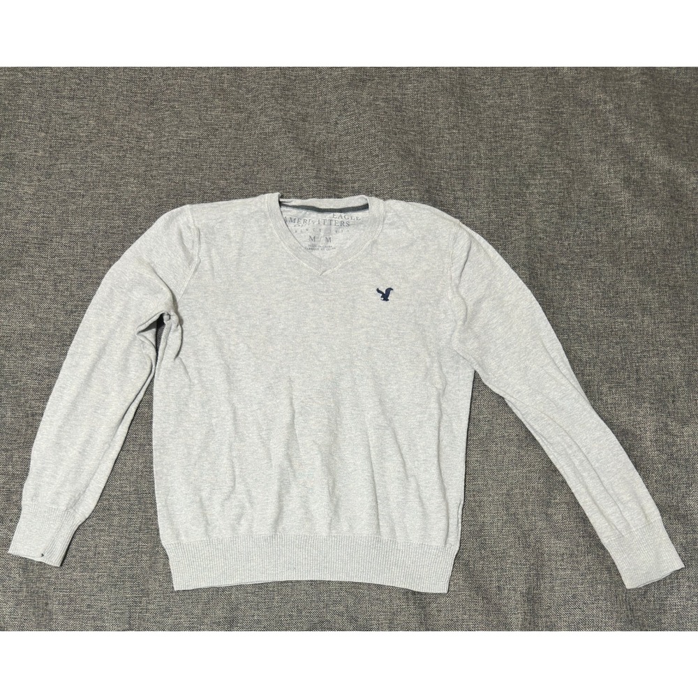 American Eagle Mens M V-Neck Sweater Gray Cotton Knit Pullover 3856